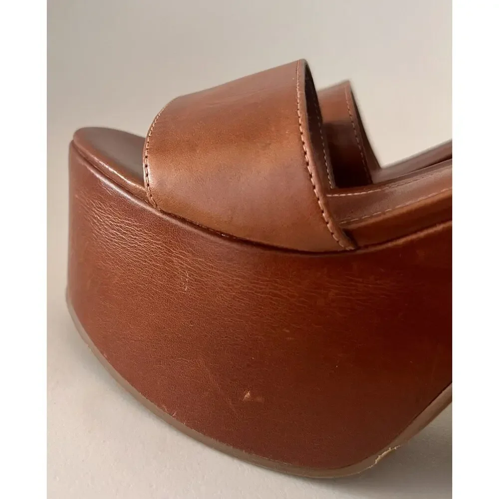 Schutz Tuke Platform Sandals Womens US 5.5 Cognac Brown Leather Chunky Heel NWOB